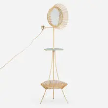 Mathieu Matégot, Illuminated dressing / vanity stand, c. 1950, enameled steel, mirrored glass, lacquered wood