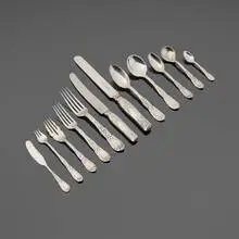 Charles Grosjean for Tiffany & Co., Chrysanthemum flatware service, sterling silver, sterling silver parcel-gilt, stainless steel blades and tines