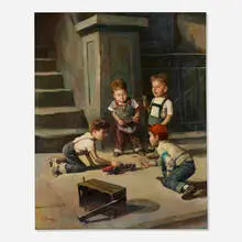 Lajos Markos, Untitled (Group of Boys), oil on canvas