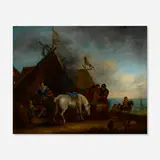 attribution Pieter van Bloemen, Military Encampment Scene, oil on wood panel