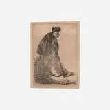 Rembrandt Harmensz van Rijn, Man in a Coat and Fur Cap Leaning against a Bank, c. 1630, etching on laid paper