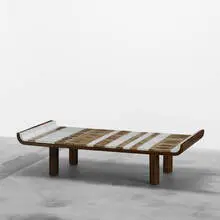 Roger Capron, coffee table, c. 1965, glazed stoneware, walnut plywood, walnut