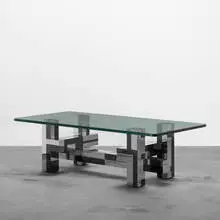 Cityscape coffee table by Paul Evans, c. 1970, chrome-plated steel, enameled steel, glass, sold Sep 2011