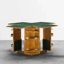 1940s, game table, leather, brass, yew wood