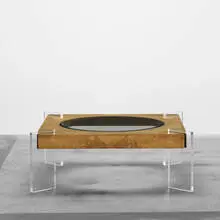 Vladimir Kagan, coffee table, c. 1970, maple burl, acrylic, glass