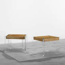occasional tables, pair by Vladimir Kagan, c. 1970, maple burl, acrylic, sold Sep 2011