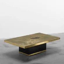 Georges Mathias, illuminated coffee table, 1981, etched brass, laminate, agate