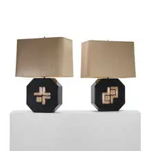 Georges Mathias, table lamps, pair, 1984, lacquered wood, cast bronze, linen