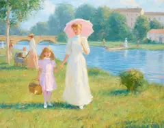 Gregory Frank Harris, Figures on a stroll by a river, oil on canvas