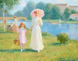 Gregory Frank Harris, Figures on a stroll by a river, oil on canvas