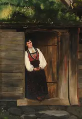 Adolph Claudius Tidemand, In the doorway, oil on canvas