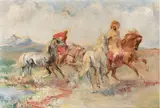Algerian horsemen by Continental School, oil on canvas, sold Apr 2023