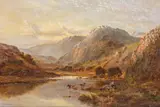 Highland cattle in a mountainous river landscape by Continental School, oil on canvas, sold Apr 2023