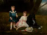 Géza Vastagh, A portrait of two children with their favorite dog in a flowering landscape, oil on canvas
