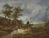 Figures outside of a thatched cottage in a landscape by French School, oil on panel, sold Apr 2023