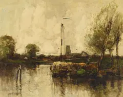 William Alfred Gibson, A hay barge on a canal, oil on canvas