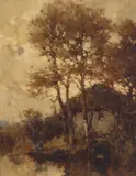Hermanus Willem Koekkoek, Eventide on still water, oil on board