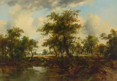 Figures on the banks of the river Stour by the Dedham Locks, Suffolk by Frederick William 'Waters' Watts, oil on canvas, sold Apr 2023