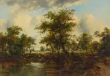 Frederick William 'Waters' Watts, Figures on the banks of the river Stour by the Dedham Locks, Suffolk, oil on canvas