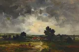 Figures in a field under stormy skies by Louis François Victor Watelin, oil on panel, sold Apr 2023