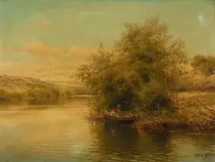 Emilio Sánchez-Perrier, A couple in a punt along the banks of a river, oil on panel