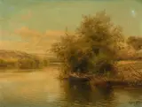 Emilio Sánchez-Perrier, A couple in a punt along the banks of a river, oil on panel