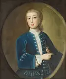 Portrait of a boy, half-length, in a blue coat holding a finch, within a painted oval by English School, oil on canvas, sold Feb 2023