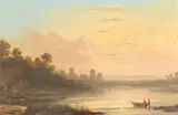 Edward Train, Dusk at a lakeside with a castle beyond, oil on canvas