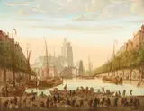 Dordrecht cathedral from the Nieuwe Haven by Dutch School, oil on canvas, sold Feb 2023
