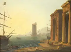 Claude Lorrain, A Mediterranean harbour with shipping at anchor, oil on canvas