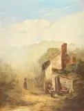 Women by a cottage on a country lane by English School, oil on panel, sold Feb 2023