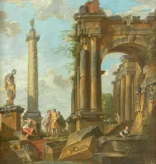 Giovanni Paolo Panini, Soldiers standing before ruins and a young woman at a well, oil on canvas