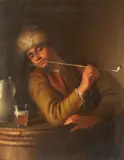 German School, A man leaning against a cask, smoking a clay pipe, oil on canvas, unlined