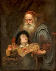 Pieter Thys, An elderly man and a young boy warming themselves on a brazier, An Allegory of Winter, oil on canvas