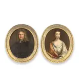Portrait of a lady, half length in a white dress and red shawl by English School, oil on canvas, oval, sold Feb 2023
