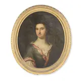 Michael Dahl, Portrait of a lady, possibly a member of the Selby family, bust-length, in blue and pink costume, oil on canvas, oval
