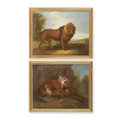 English School, A lion in a landscape; A fox and her cubs, oil on canvas