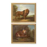 A lion in a landscape; A fox and her cubs by English School, oil on canvas, sold Feb 2023