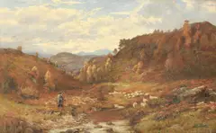 George Whitton Johnstone, Shepherd and his flock in a Scottish landscape, oil on canvas