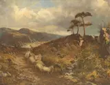 Sheep on a Highland lane by British School, oil on canvas, sold Feb 2023