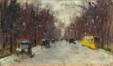 Lesser Ury, Hofjägerallee im Tiergarten“. 1920er Jahre, Öl auf Leinwand, vom Künstler auf Pappe aufgezogen