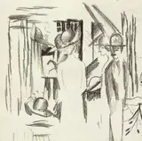 August Macke, Leute vor Hutladen, Knieende, 1913, Kreide und Tuschfeder auf Papier