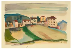 Karl Hofer, Häuser im Tessin. Vor 1932, Aquarell auf genarbtem, bräunlichem Karton
