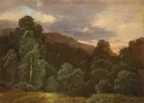 Carl Gustav Carus, Laubwald. Landschaft mit Vögeln und Bäumen, Öl auf Karton