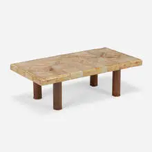 Low table by Roger Capron, c. 1965, glazed ceramic tile, walnut, sold Mar 2021