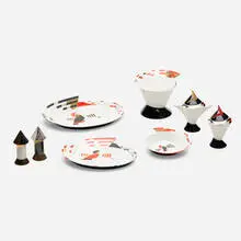 Constructivist dinner set by Zsolnay, glazed and gilt ceramic, brass, sold Mar 2021