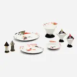 Zsolnay, Constructivist dinner set, glazed and gilt ceramic, brass