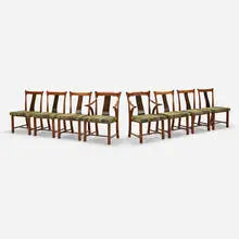 Edward Wormley, Dining chairs, set of eight, 1957, walnut, rosewood, Jack Lenor Larsen upholstery