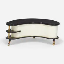 A.H. Stock, Grand Server bar cabinet, c. 1965, formica, vinyl, rubber, brass, casters