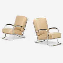Wolfgang Hoffmann, Lounge chairs, pair, c. 1935, chrome-plated tubular steel, enameled steel, lacquered wood, vinyl
